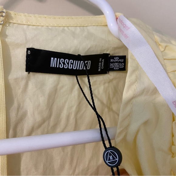 NWT Missguided Ruffle Wrap Poplin Puff Sleeve Plunging V-Neck Dress Lemon Yellow - Picture 10 of 11